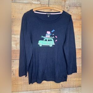 Talbots Navy Slip On Sweater with Cute Beach Car Surf Vacation Coastal Large L